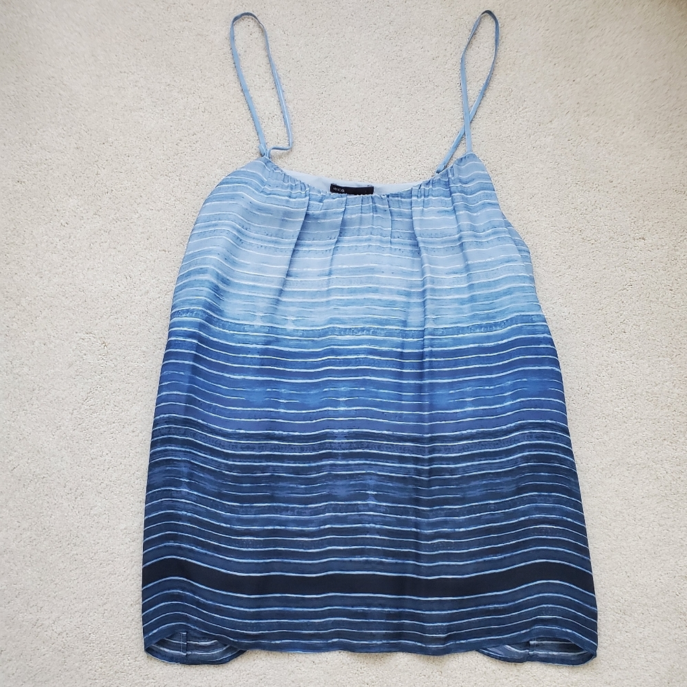 Vince 100% Silk Blue Striped Lined Sleeveless Blouse szL
